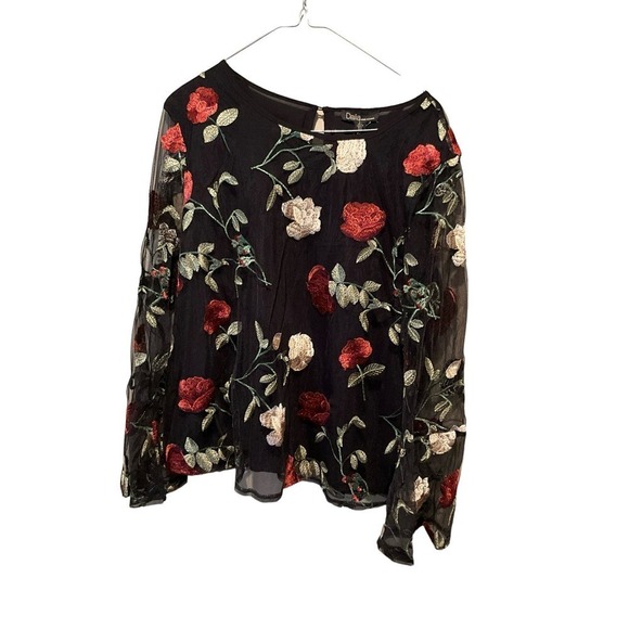Dalia Blouse Top Women's Black Floral Sheer Flutter Long Sleeve Round Neck - Picture 1 of 4